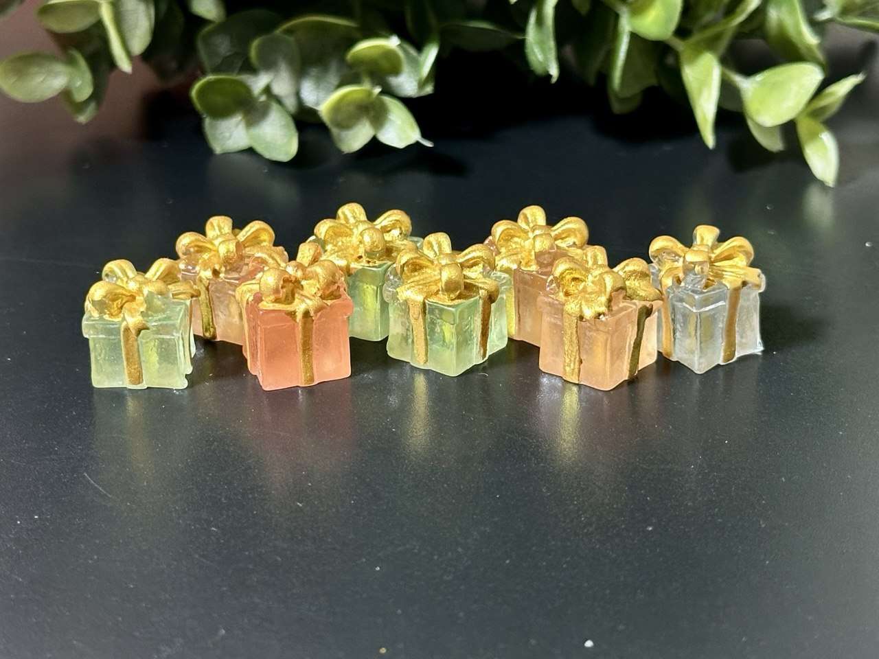 Mini Gift Box Charms – Transparent Resin with Gold Bow
