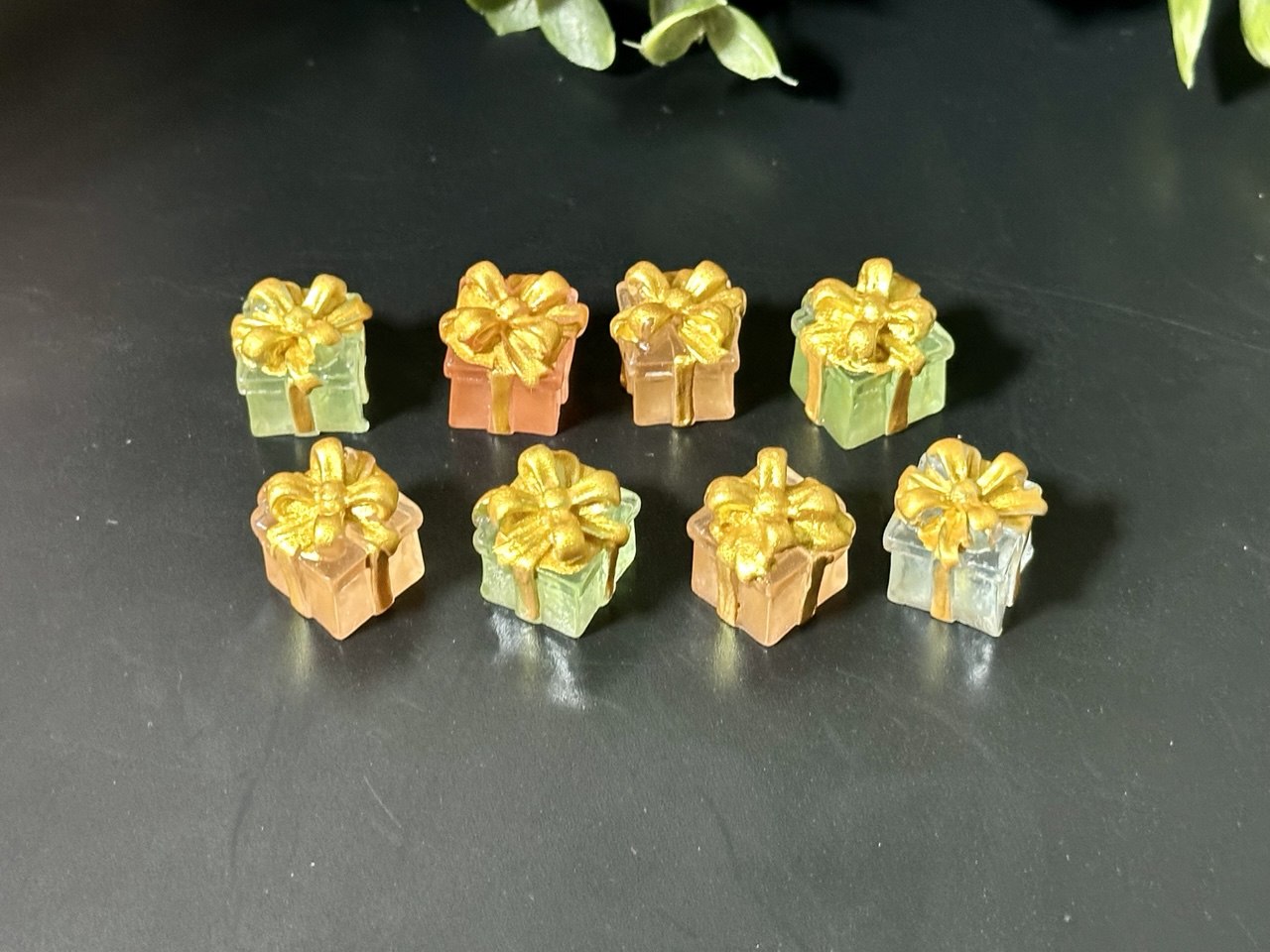 Mini Gift Box Charms – Transparent Resin with Gold Bow
