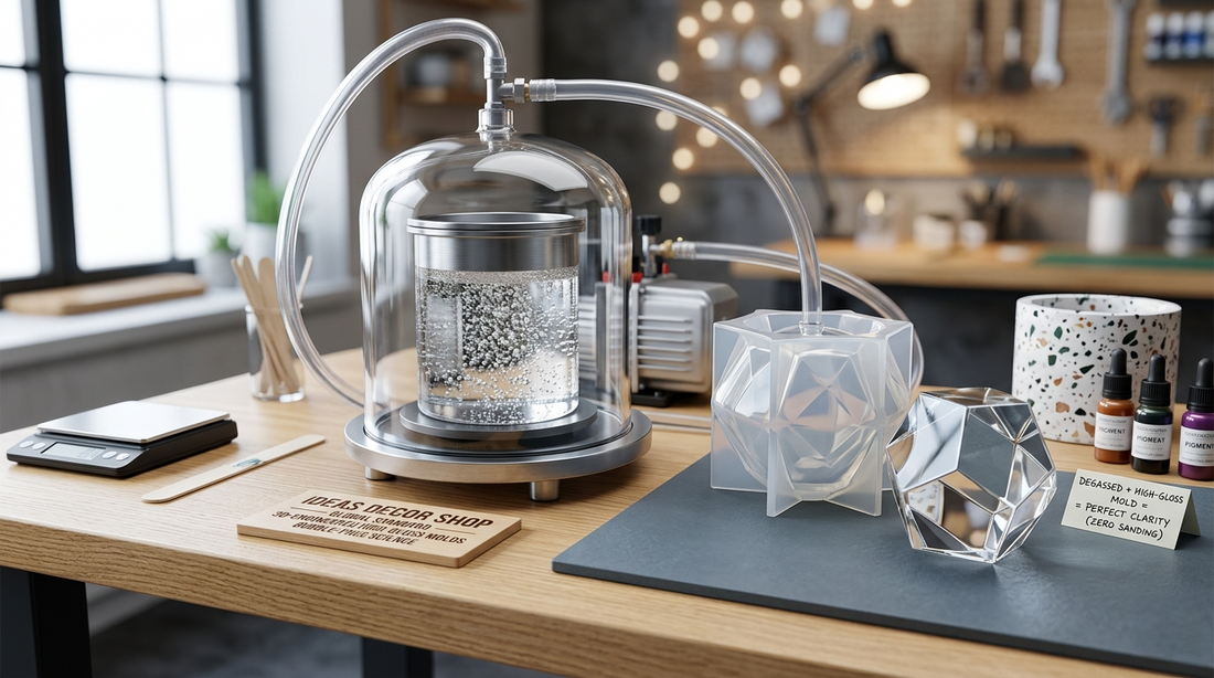 A professional resin art studio setup featuring a vacuum degasser chamber, a 3D-engineered translucent silicone mold, and a crystal-clear geometric cast.