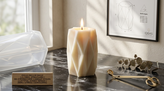 Luxury sculptural candle with sharp geometric facets cast from an Ideas Decor Shop 3D-engineered mold. The scene features a marble surface, a professional silicone mold, and a technical drawing in the background, highlighting the Crystal Edges