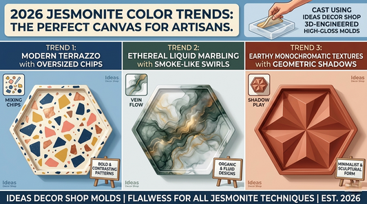 Professional 2026 Jesmonite color trends guide. Infographic showcasing three techniques: Modern Terrazzo with oversized chips, Ethereal Liquid Marbling with gold smoke swirls, and Earthy Monochromatic textures