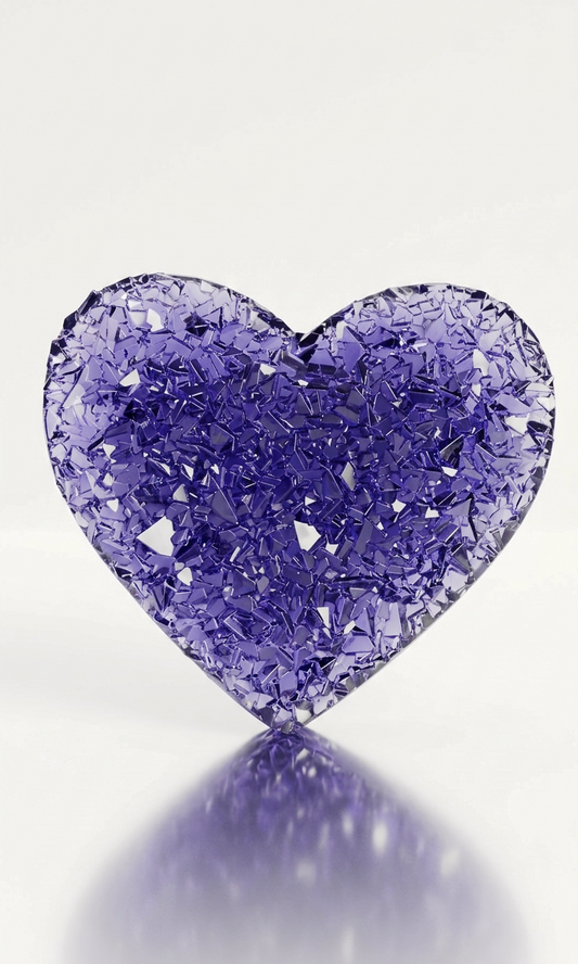 Top-down studio shot of a thick translucent silicone mold in a sharp heart shape, revealing a deeply textured internal cavity with realistic crystal druzy clusters.