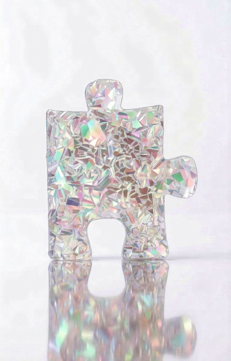 An artisan demonstrating how to drill a custom suspension hole into the solid 1cm thick finished crystal puzzle piece, choosing the best convenient spot.