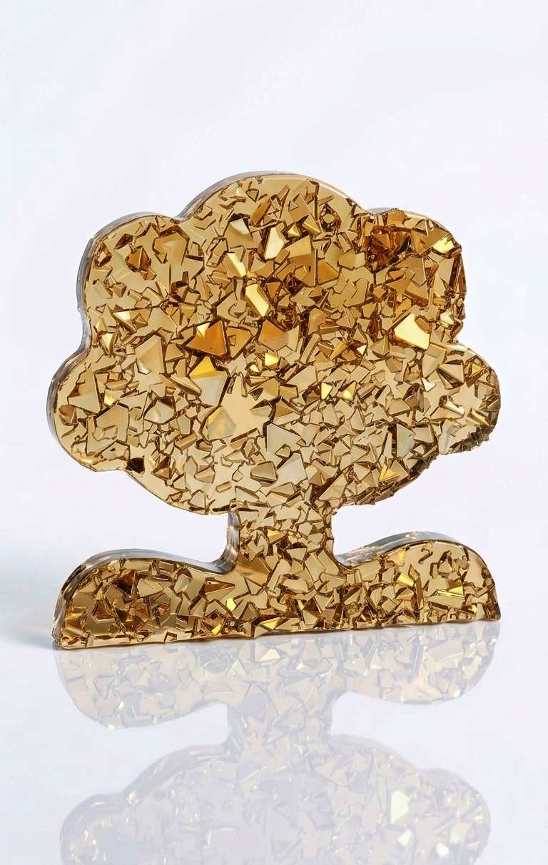 Top-down shot of a thick crystal tree casting with a realistic yellow-toned druzy texture covering the entire canopy and trunk surface.