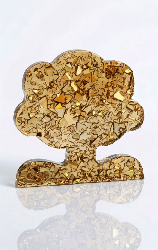 Top-down shot of a thick crystal tree casting with a realistic yellow-toned druzy texture covering the entire canopy and trunk surface.