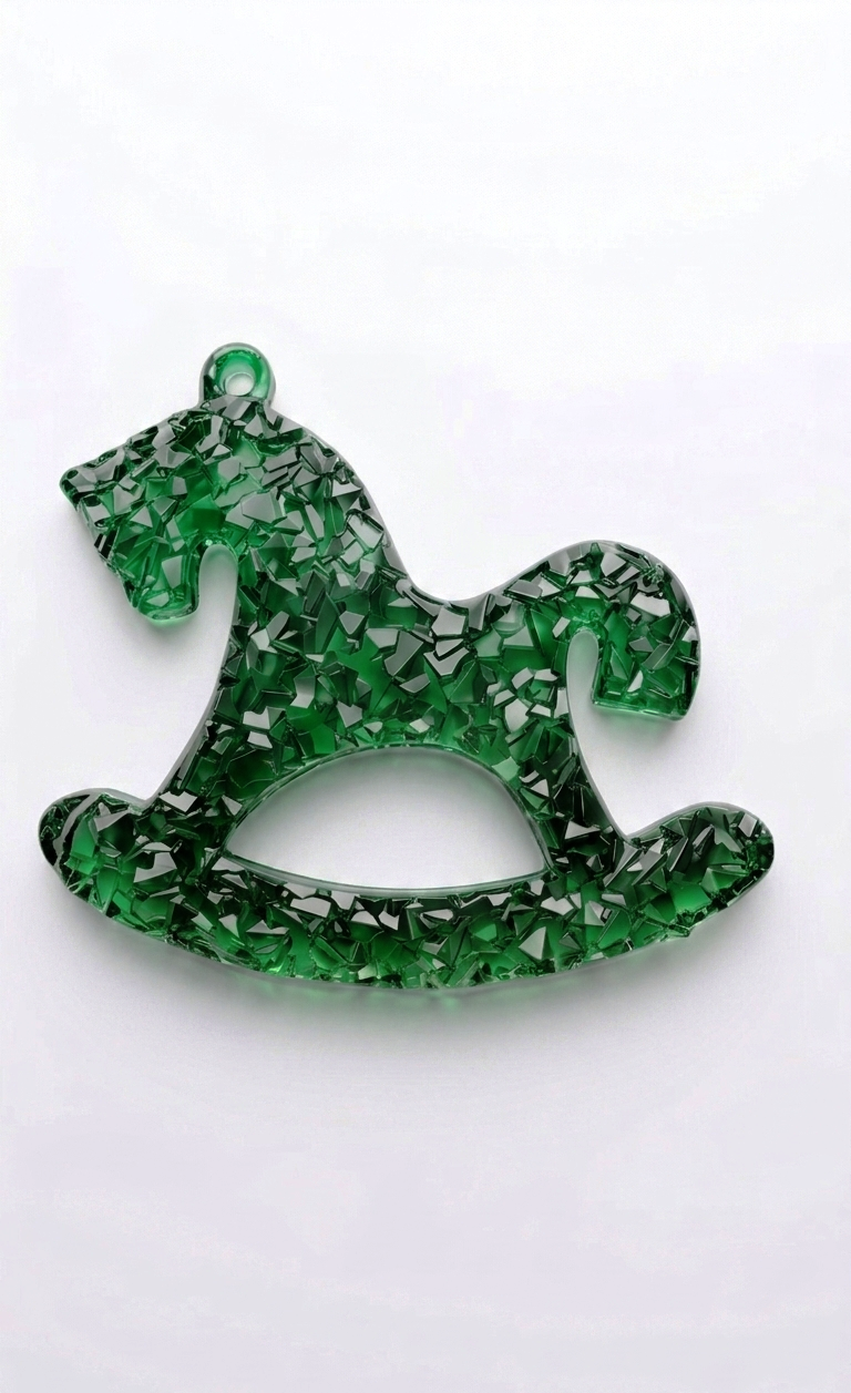 Finished rocking horse ornament with sparkling druzy finish, crafted from a silicone mold.