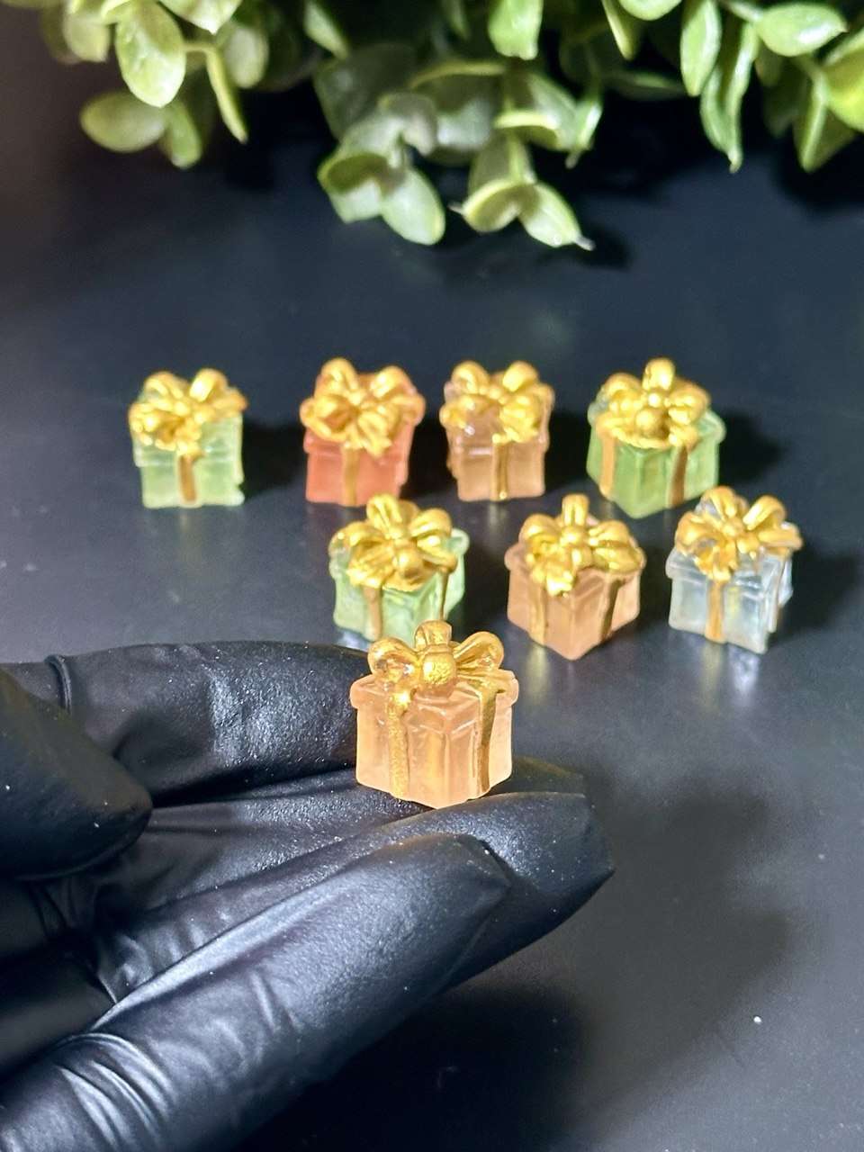 Mini Gift Box Charms – Transparent Resin with Gold Bow