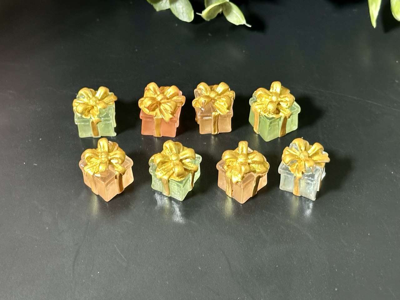 Mini Gift Box Charms – Transparent Resin with Gold Bow