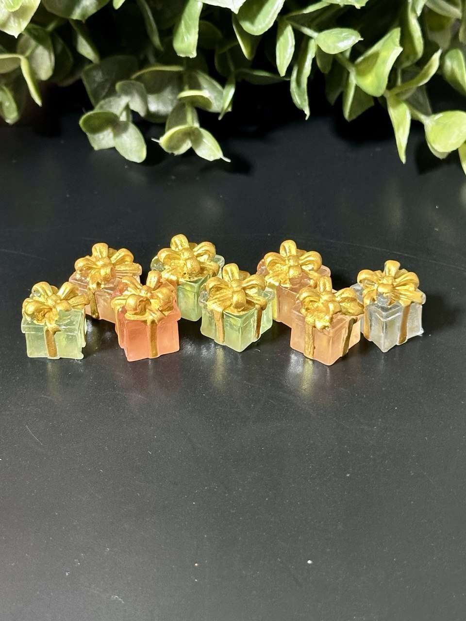 Mini Gift Box Charms – Transparent Resin with Gold Bow