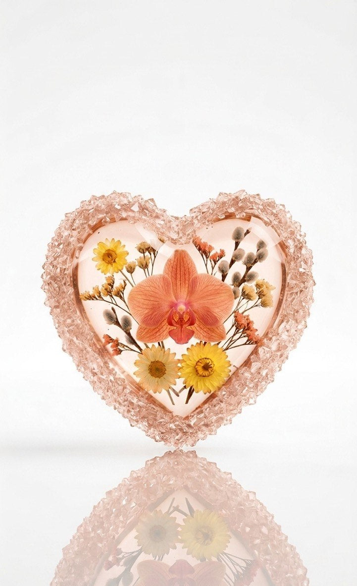 A series of heart-shaped cast trays in light blue and deep green, both with sparkling crystal borders, illustrating different resin color options from a single silicone mold.