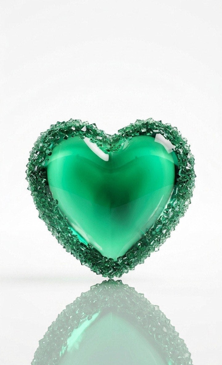 Heart-shaped silicone mold showing its high-gloss interior for a smooth casting surface and detailed textured edge for crystal facets.