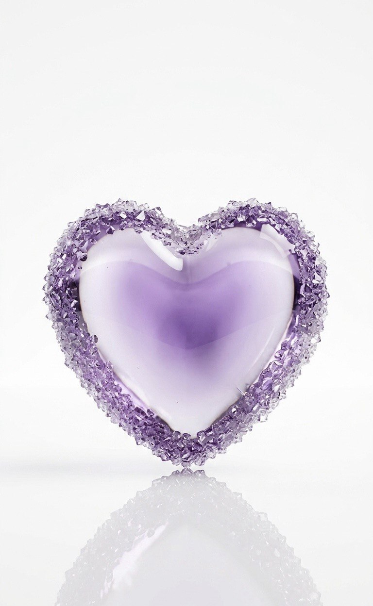 A clear lavender heart-shaped tray with a rough purple amethyst crystal rim, freshly cast from a silicone mold.