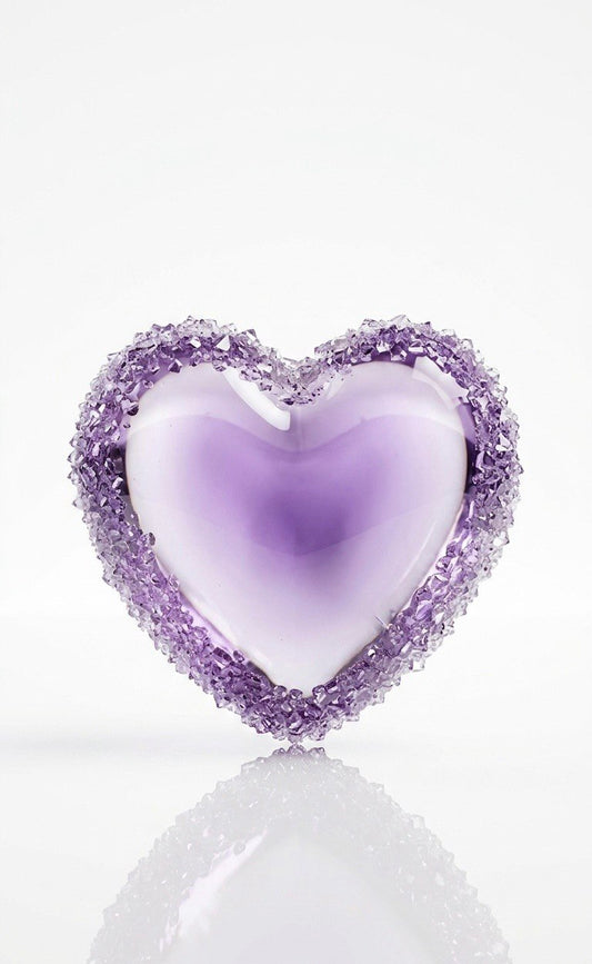 A clear lavender heart-shaped tray with a rough purple amethyst crystal rim, freshly cast from a silicone mold.